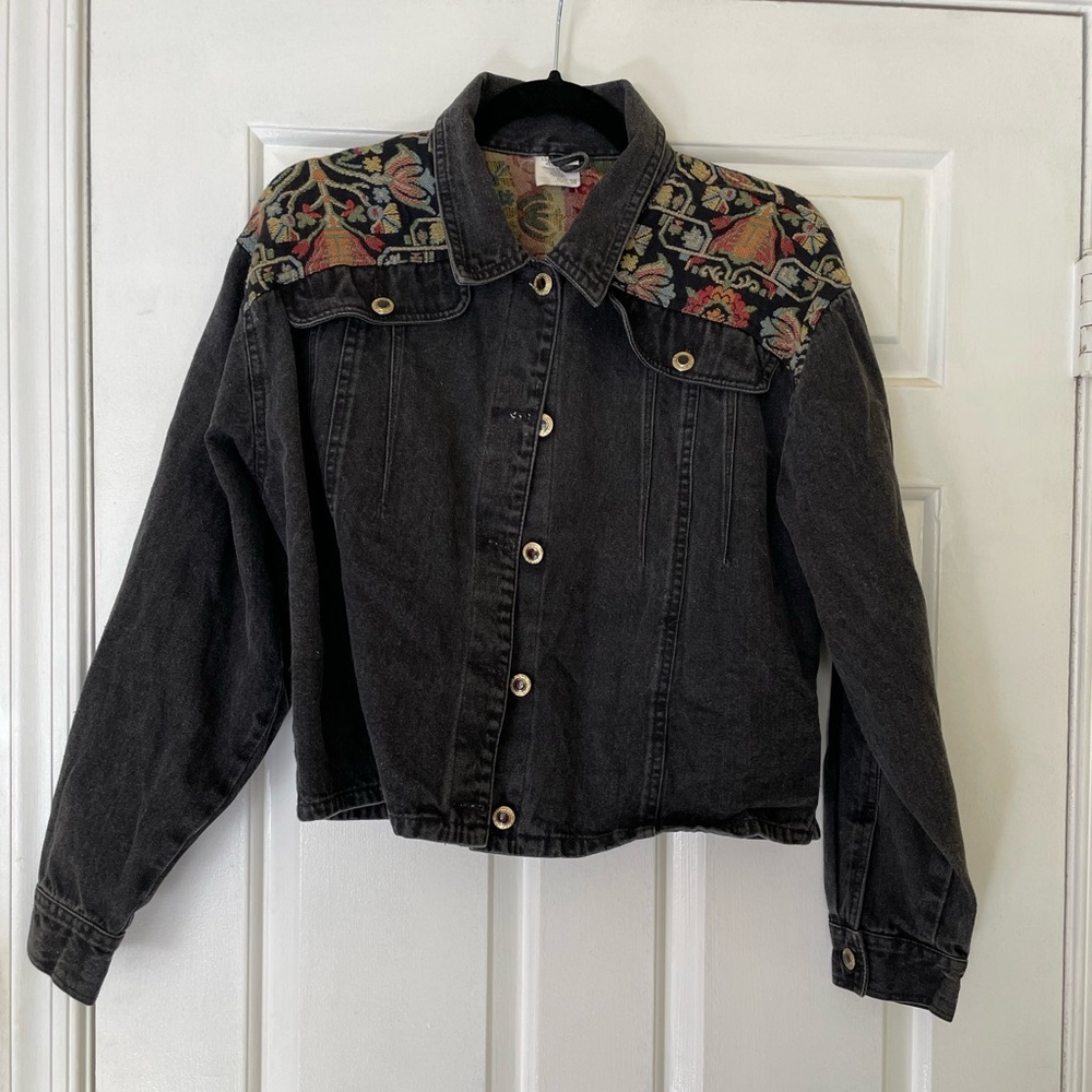Cropped embroidered black denim jacket, fits size small